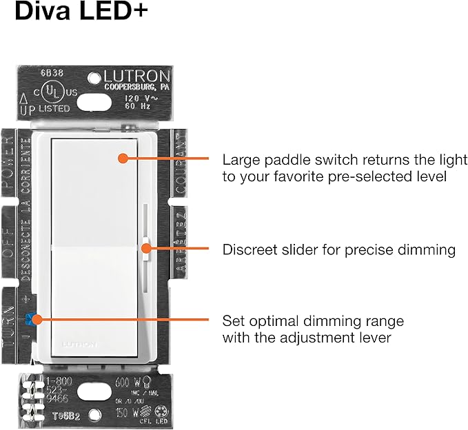 Lutron Diva LED+ Dimmer Switch for Dimmable LED, Halogen and Incandescent Bulbs, 150W/Single-Pole or 3-Way, DVCL-153P-AL, Almond (Pack of 2)