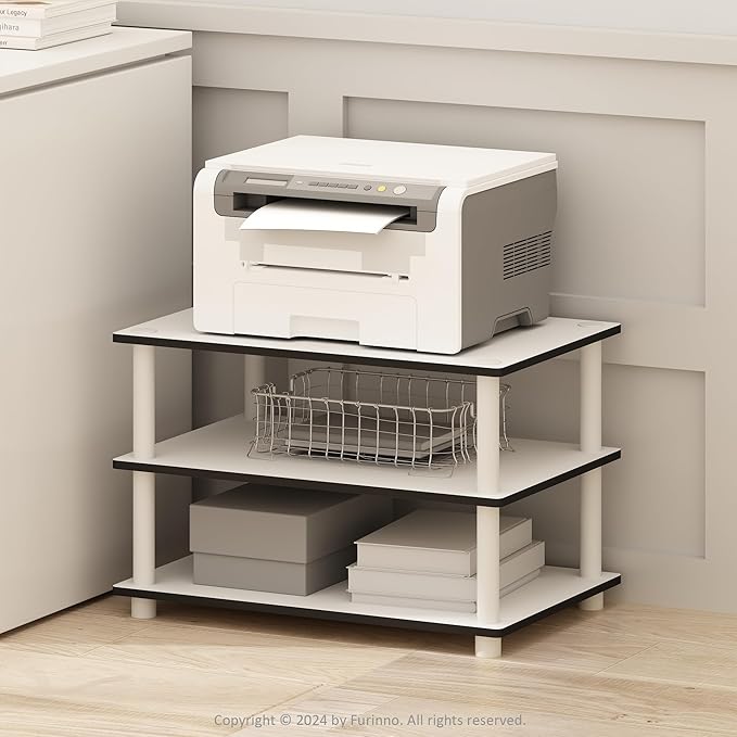 Furinno JUST Printer Stand with Storage, 3-Tier Under Desk Printer Stand, Printer Table, for CPU, Office Supplies, Home Office, White