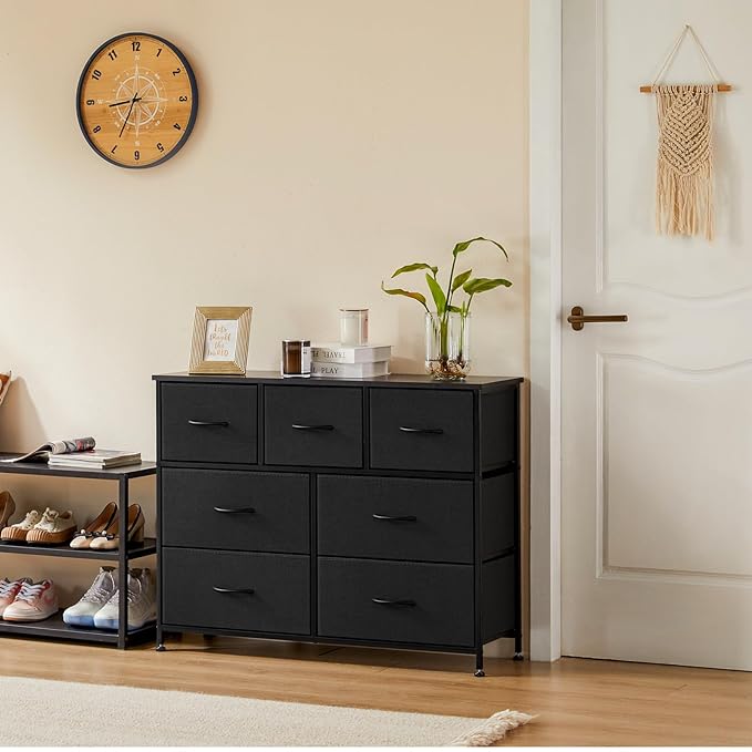 Dresser for Bedroom with 7 Drawers, Anti-Tip Wide Fabric Chests Storage Organizer Tower Furniture, TV Stand for TV up to 45 inch with Wooden Top Metal Frame for Clothes, Living Room, Hallway, Entryway