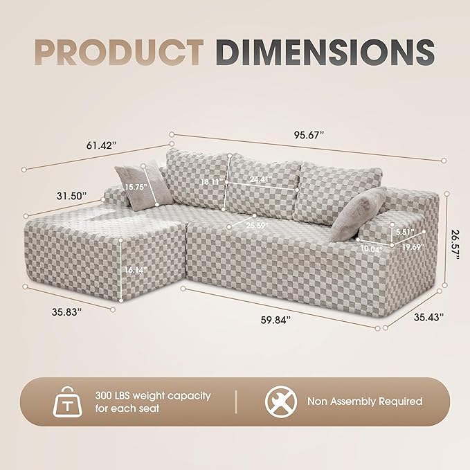 Modular Sectional Sofa Couches L-Shape Couch 3 Seat Modular Sofa Memory Foam Sectional Couches for Living Room, Cloud Couch with Oversized Chaise (GREYGREEN Check, 96" Left Facing Chaise)