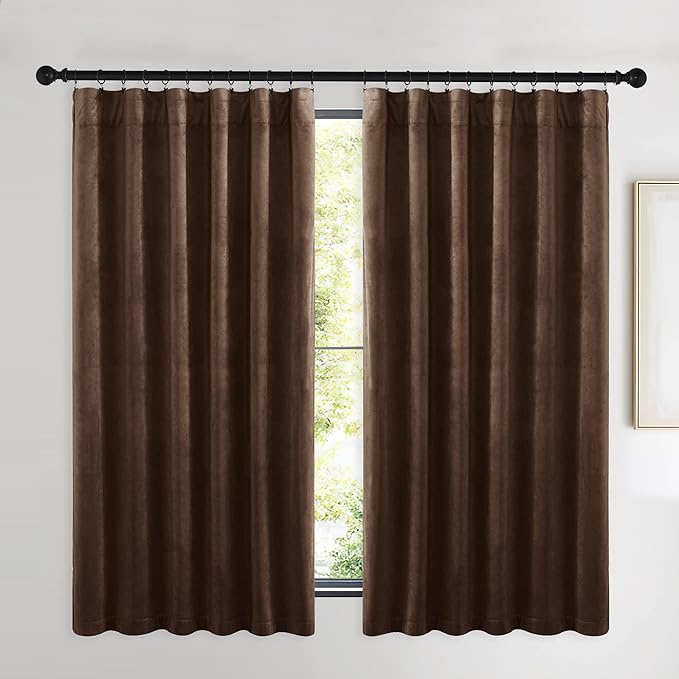 NICETOWN Thermal Insulated Brown Velvet Curtains, Sound Reducing Heavy Matt Solid Room Darkening Drapes/Panels for Holiday (2 Panel Per Pack, 63 inches Long)
