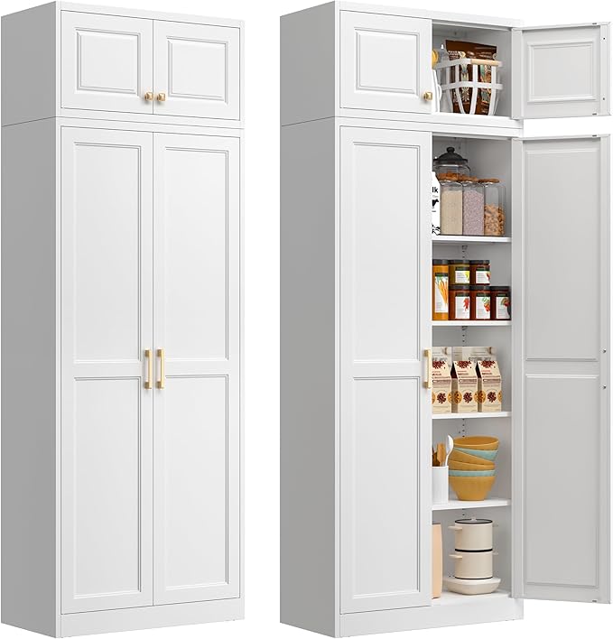 Kitchen Pantry Cabinet, 86 Inch Tall Metal Storage Cabinet, Food Pantry cabinets with Doors and Shelves, White Storage Cabinets for Living Room, Dining, Office, Bathroom, Assembly Required