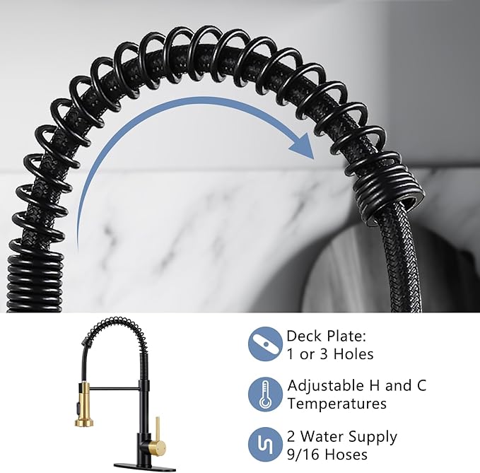 DJS Kitchen Faucets with Pull Down Sprayer Matte Black & Brushed Gold High Arc Single Handle 1 or 3 Holes Spring Kitchen Sink Faucet with Deck Plate for Farmhouse RV Vessel Basin