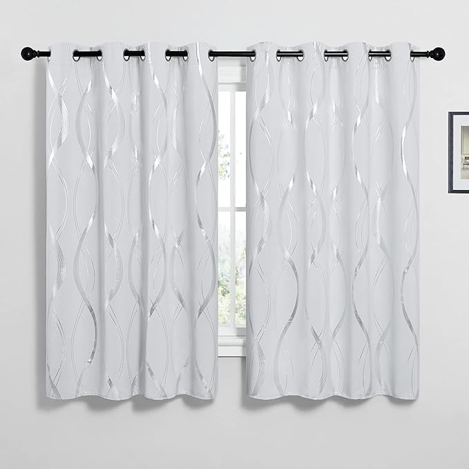 NICETOWN Greyish White Blackout Curtains for Bedroom, Microfiber Noise Reducing Thermal Insulated Wave Line Foil Print Design Blackout Curtains for Office, Classroom (2 Panels, 52 x 45 Inch)