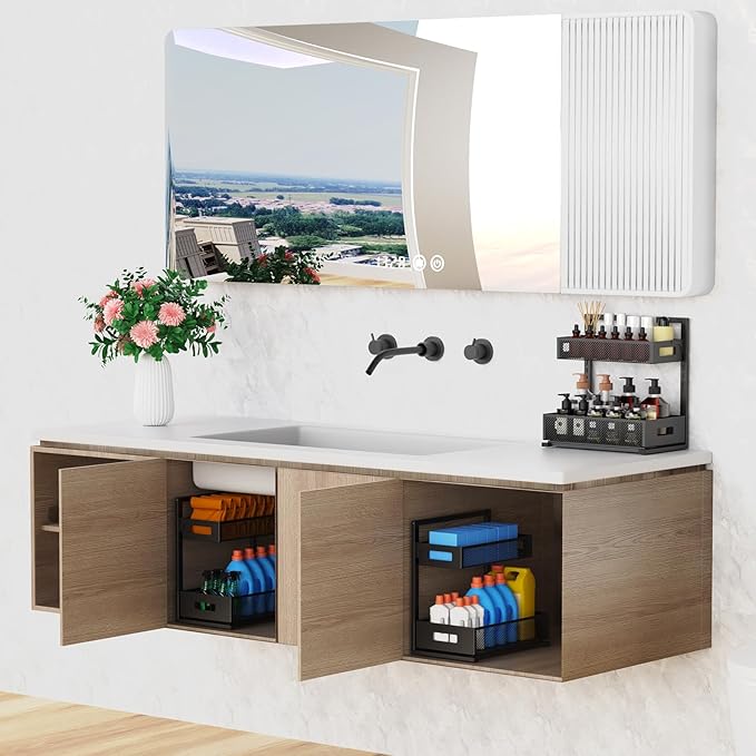 Under Sink Organizer Pull Out Cabinet Organizer Adjustable Height 2 Tier with Sliding Drawers Kitchen Bathroom Organizer and Storage(1pc)
