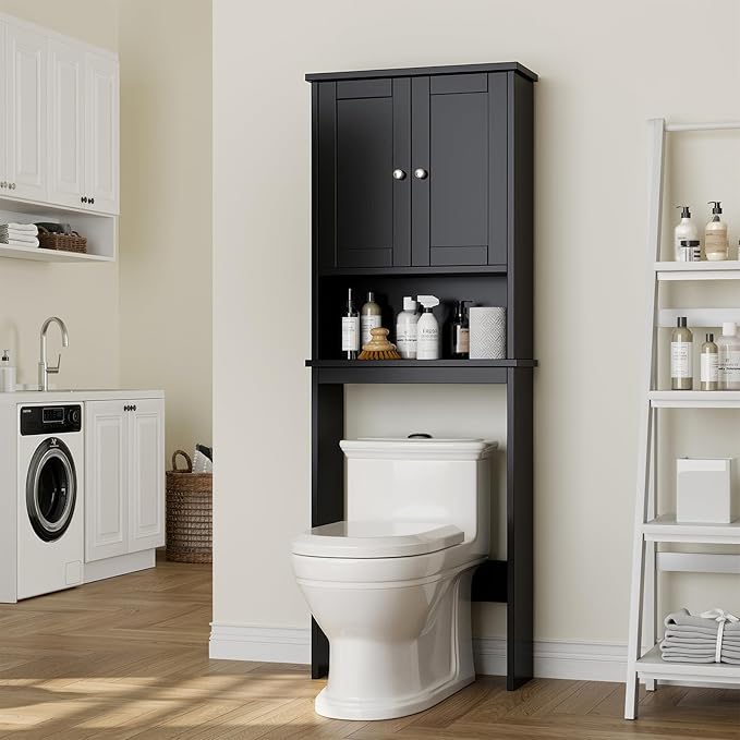 Meilocar Over The Toilet Storage Cabinet for Bathroom, Black Bathroom Over Toilet Cabinet Freestanding Storage Organizer, Space Saver with Doors and Adjustable Shelf, Black