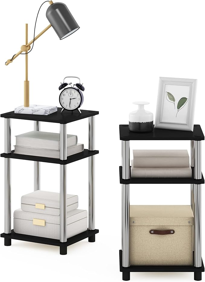 Furinno JUST Side Table Set of 2, 3-Tier Modern End Tables, Open Shelves Night Stand, Nightstand, Toolless Assembly, for Living Room, Bedroom, Americano/Stainless Steel