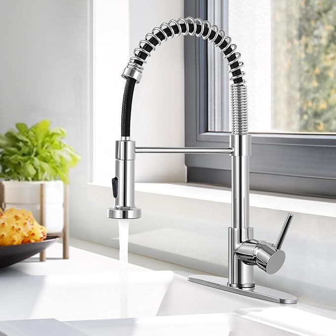 DJS Kitchen Faucets with Pull Down Sprayer Chrome High Arc Single Handle 1 or 3 Holes Spring Kitchen Sink Faucet with Deck Plate for Farmhouse RV Vessel Basin