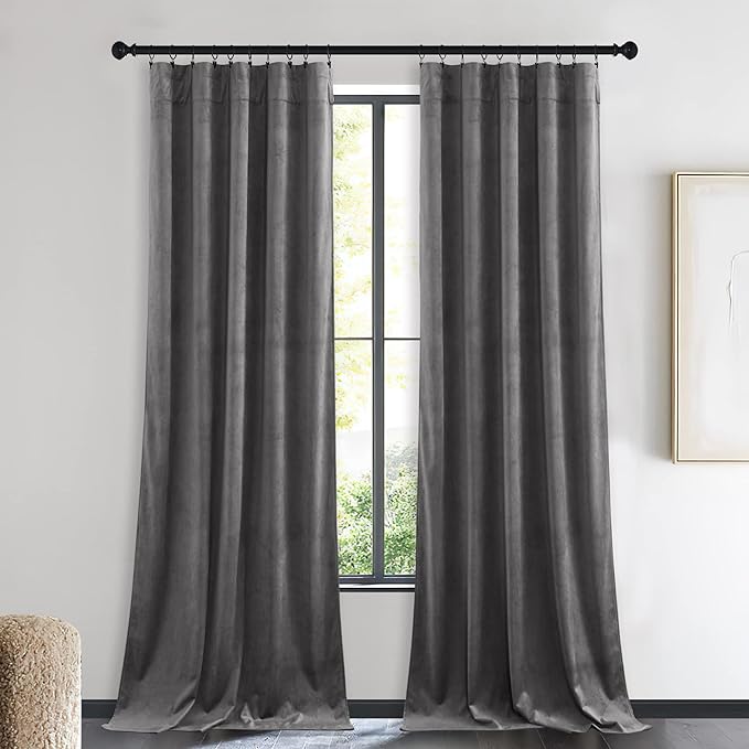 NICETOWN Living Room Grey Velvet Curtains, Sound and Sunlight Reducing Heavy Matt Rod Pocket Drapes/Panels for High Celling Wall (2 Panel Per Pack, 90 inches Long)
