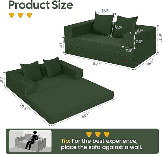 COMAX Futon Sofa Bed, 4‑in‑1 Convertible Sofa Bed, Folding Boneless Couches for Living Room, Fold Out Small Foldable Loveseat Floor Sleeper Comfy Mattress Lounge Space‑Saving, Green