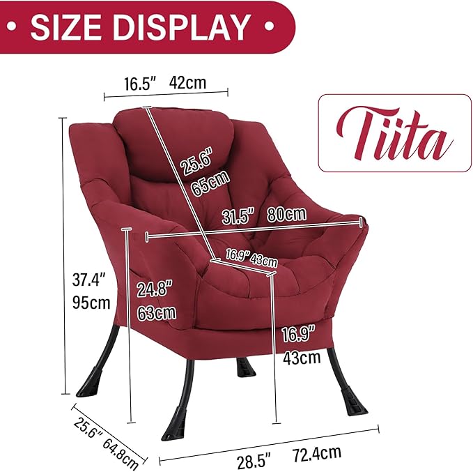 Tiita Lazy Chair, Red Modern Large Accent Armchair, Comfy Leisure Sofa Reading Chair for Bedroom, Living Room, Dorm Rooms, Garden and Courtyard, Red