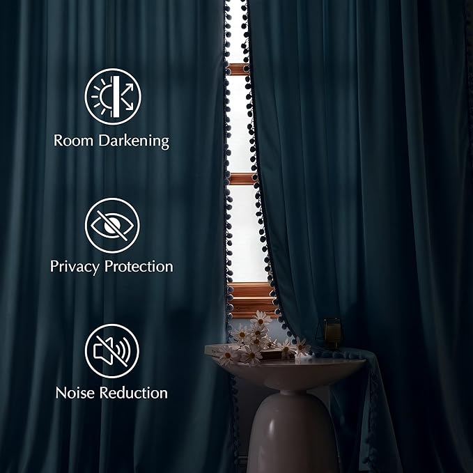 NICETOWN Slate Blue Velvet Curtains 84 Inch Length – Pom Pom Room Darkening Drapes for Nursery & Boys Room, Thermal Insulated Soft Window Treatments, 52" W x 84" L, 2 Panels