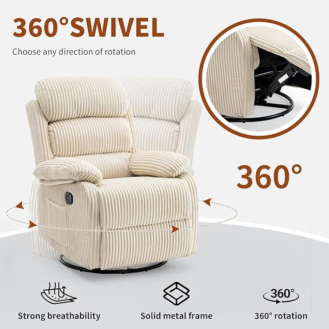 Adult 360° Rocking Recliner Chair，Nursery Rocker Reclining Chair with Side Pocket, a Comfy upholstered Single Sofa Armchair. Suitable for Living Room, Bedroom Nursing use, Velvet Fabric in Beige