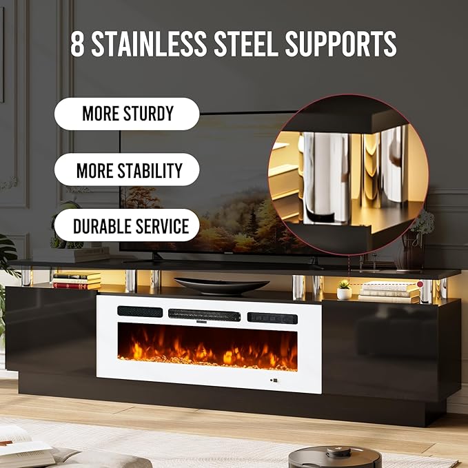 70" TV Stand for Living Room, Modern Entertainment Center & Media Console, Fits TVs up to 80", Storage Cabinet with Shelves, 36" Electric Fireplace with LED Flame
