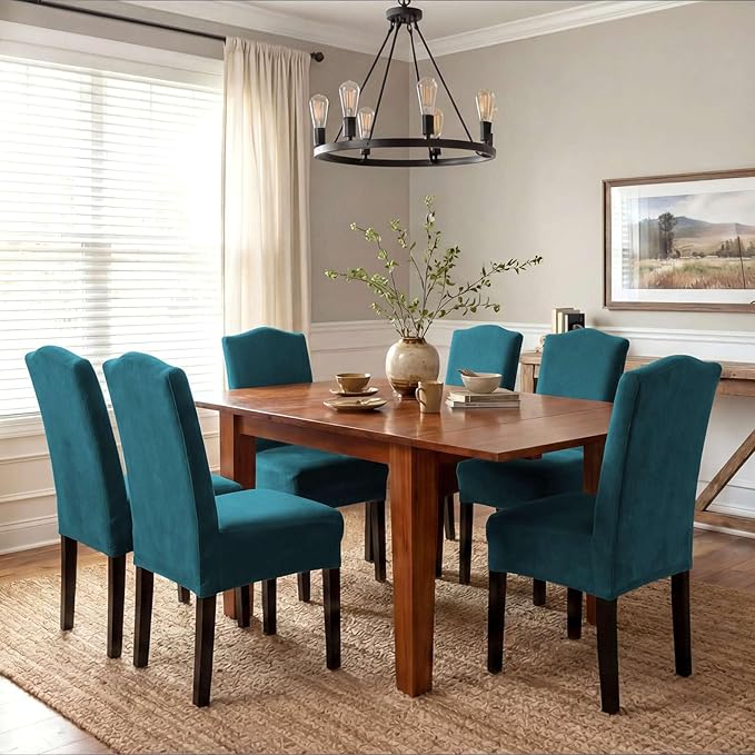 H.VERSAILTEX Velvet Dining Chair Covers Stretch Chair Covers for Dining Room Set of 6 Parson Chair Slipcovers Chair Protectors Covers Dining, Soft Thick Solid Velvet Fabric Washable, Deep Teal