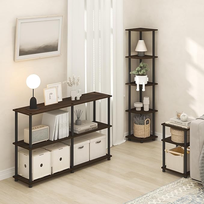 Furinno Turn-N-Tube Side Table, 3-Tier End Table with Open Shelf, Toolless Assembly Night Stand, Bedside Table, for Living Room, Bedroom, Brown Walnut