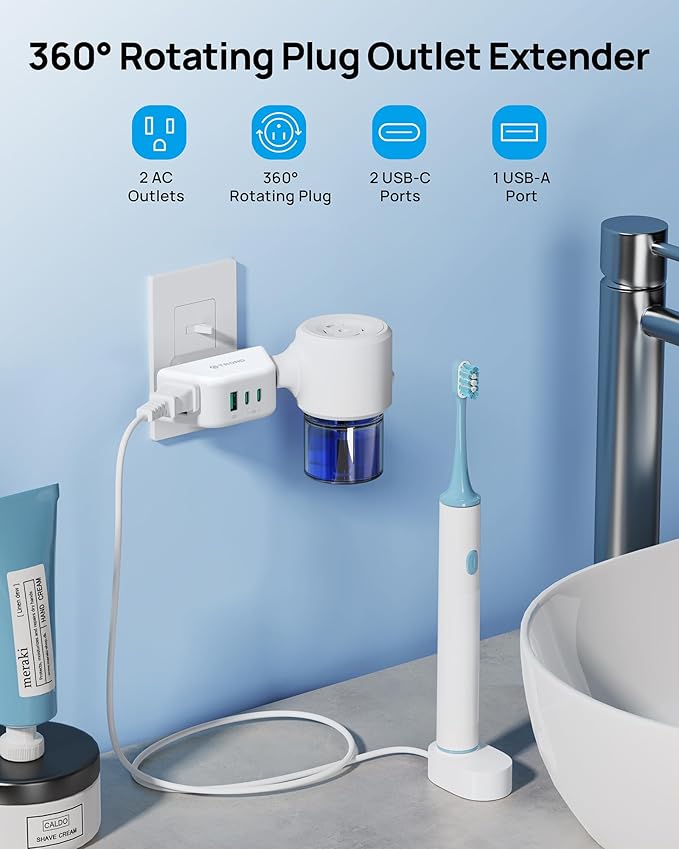 TROND Outlet Extender with 360 Rotating Plug, 2 AC Outlet Splitter with PD 20W USB C, 3-Side Design Wall Plug Adapter, for Bathroom Kitchen Cruise Ship Travel Essentials, White