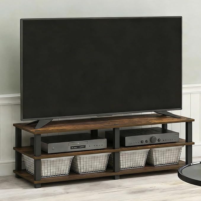 Furinno Turn-S-Tube TV Stand, 3-Tier Open Frame Design Entertainment Center, TV Console for TV up to 46 Inch, Toolless Assembly, for Living Room, Bedroom, Amber Pine