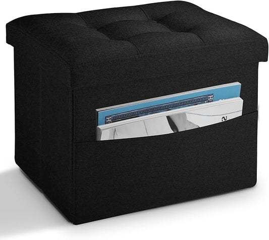 LINMAGCO Storage Ottoman Folding Foot Stool Foot Rest with Side Pocket Modern Ottoman with Storage Short Sofa Stool Linen Cloth 17x13x13(Black)