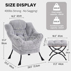 Tiita Lazy Chair with Ottoman, Light Grey Modern Large Accent Armchair, Comfy Leisure Sofa Reading Chair with Footrest for Bedroom, Living Room, Dorm Rooms, Garden, Plush Light Grey
