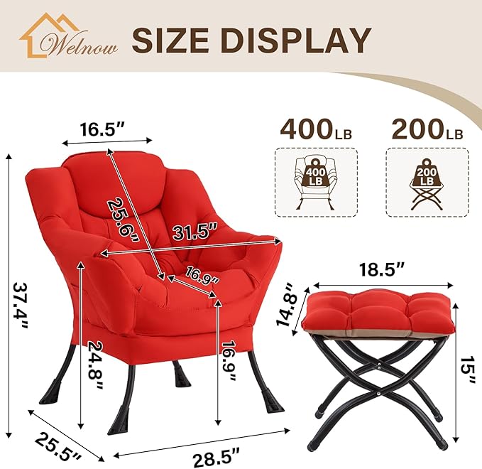 Welnow Lazy Chair with Ottoman, Modern Accent Chair with Armrests and a Side Pocket, Leisure Sofa Armchair Set, Reading Armchair with Footrest for Small Space, Red