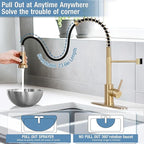 DJS Kitchen Faucets with Pull Down Sprayer Brushed Gold -Single Handle 1 or 3 Holes Spring Kitchen Sink Faucet with Deck Plate for Farmhouse RV Vessel Basin