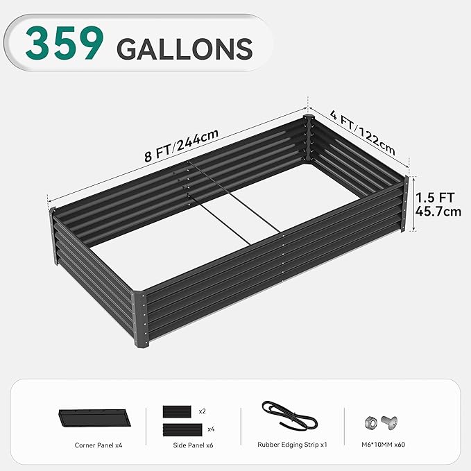 YITAHOME 96x48x18 in Galvanized Raised Garden Bed Kit, Large Metal Planter Box with Gloves, Safety Rubber & Support Rod, Outdoor Flower Bed for Plants Vegetables, Black