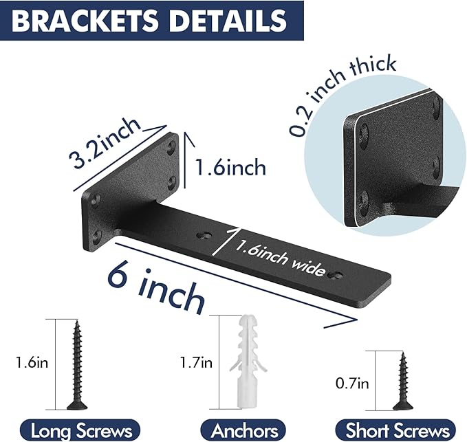 8 Pack Floating Shelf Brackets, 6 Inch Heavy Duty Industrial Shelf Bracket, Black Metal L Brackets for Shelves Support DIY(1/5 Inch Thicked)