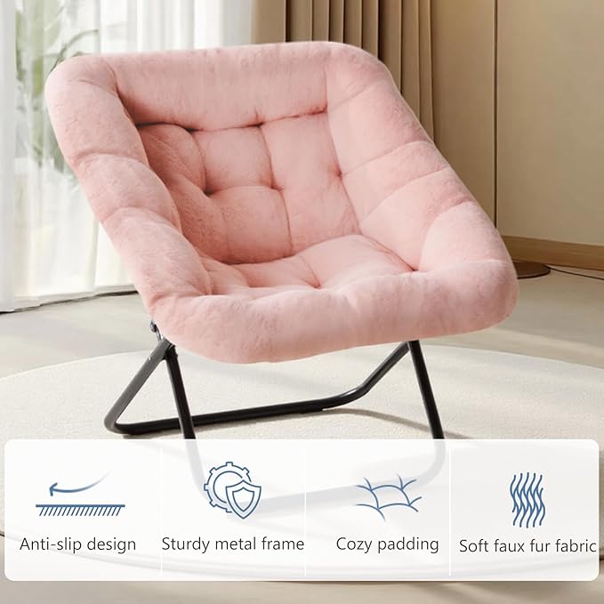 DUMOS Saucer Chair, Foldable Living Room Chairs, Soft Faux Fur Lounge Chair for Bedroom, Reading Chairs for Adults, X-Large (Pink)