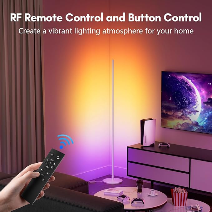 luckystyle Smart RGB Corner Floor Lamp,Bright LED Tall Modern Floor Lamp with APP and Remote,Ambient Lighting Color Changing Standing Lamps with Music Mode and Timing for Living Room,Bedroom White