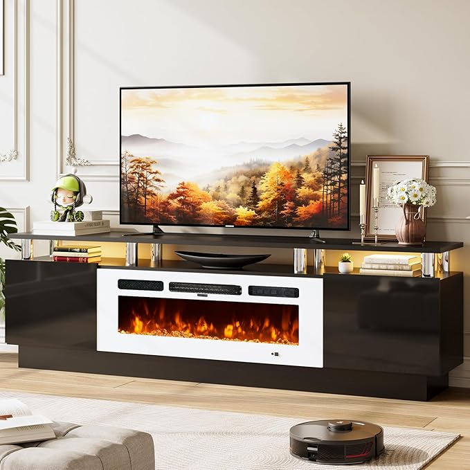 70" TV Stand for Living Room, Modern Entertainment Center & Media Console, Fits TVs up to 80", Storage Cabinet with Shelves, 36" Electric Fireplace with LED Flame