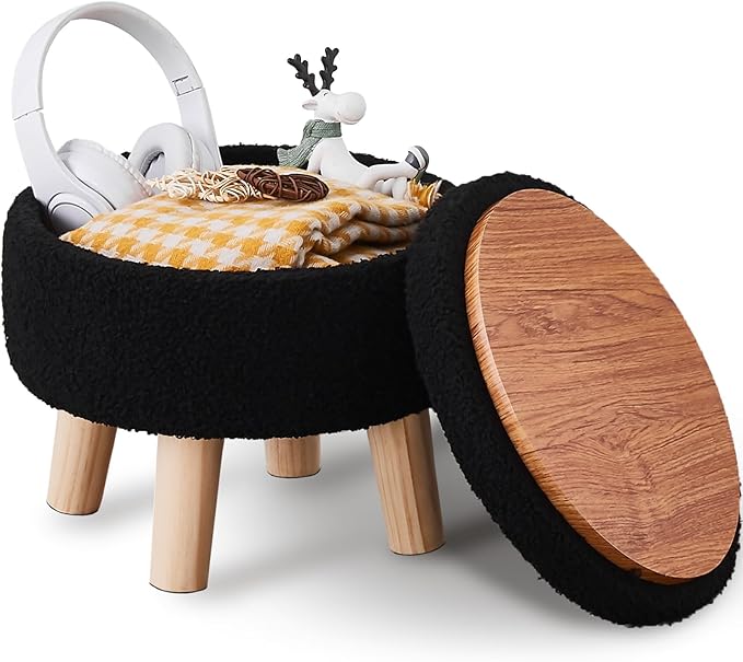 Wimarsbon Storage Ottoman, Modern Round Footrest with Soft Padded Seat, Teddy Velvet Footstool with Wood Legs, Accent Small Table or Plant Stand for Hallway, Living Room (Black)