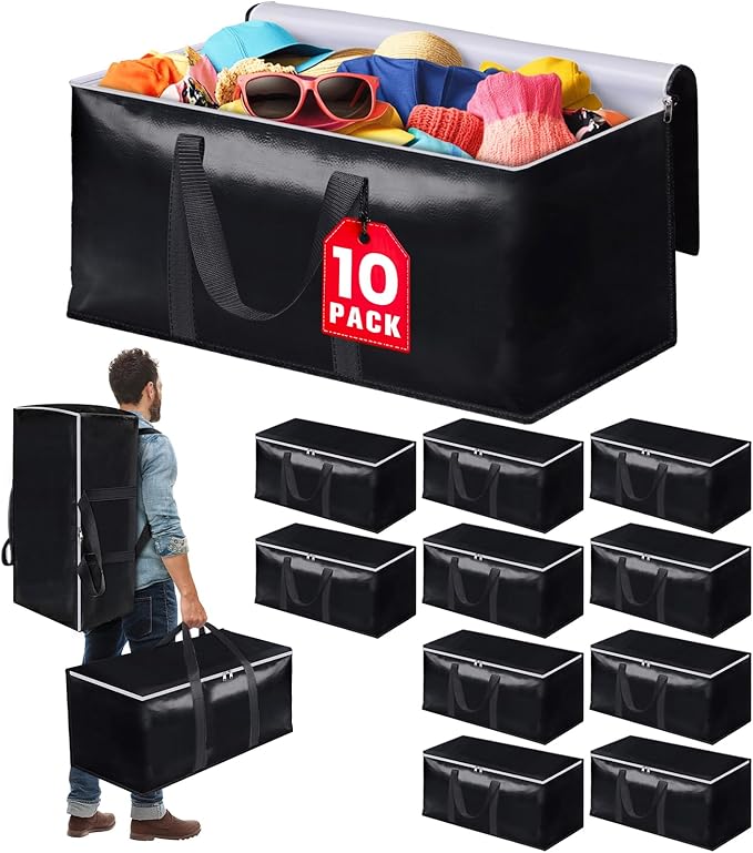 Heavy-Duty & Extra Capacity Moving Bags with Backpack Straps, Storage Totes with Double Zipper & Strong Handles, Packing Bags Alternative to Moving Boxes, Moving Supplies (10 Pack, Black)