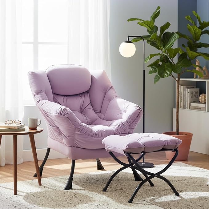 Welnow Lazy Chair with Ottoman, Modern Accent Chair with Armrests and a Side Pocket, Leisure Upholstered Sofa Armchair Set, Reading Armchair with Footrest for Small Space, Light Purple