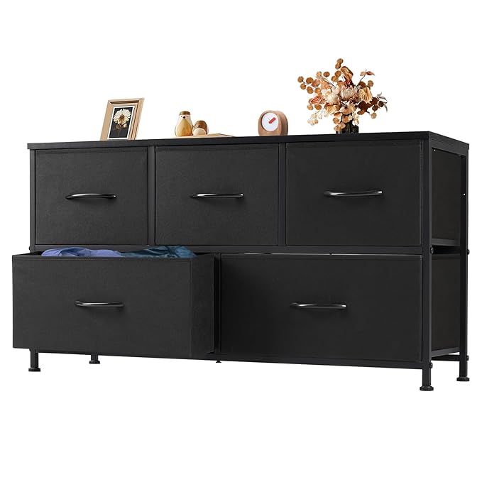 Dresser for Bedroom with 5 Drawers, Anti-Tip Wide Fabric Chests Storage Organizer Tower Furniture, TV Stand for TV up to 45 inch with Wooden Top Metal Frame for Clothes, Living Room, Hallway, Entryway