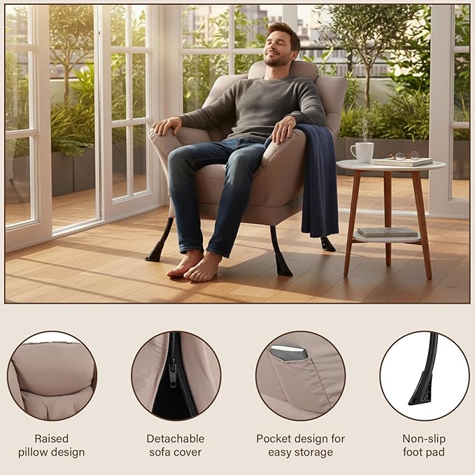 Welnow Lazy Chair for Living Room, Modern Reading Accent Chair with Armrests and a Side Pocket, Leisure Upholstered Lazy Sofa for Small Space, Bedroom, Dorm, Khaki