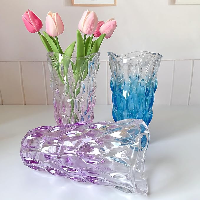 Unbreakable Flower Glass Vase 3.5lb 9.5inch Sparkle vase Bohemian Style, for Centerpieces,Kitchen,Office, Living Room,Wedding,Perfect Home Decor Glass Vase (Gradient Light Purple)