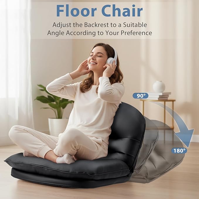 DUMOS Comfy Saucer Chair,PU Leather Foldable Chairs for Bedroom, Dorm & Gaming, Foldable Fashion Floor Chair with Back Support for Small Spaces, New Black