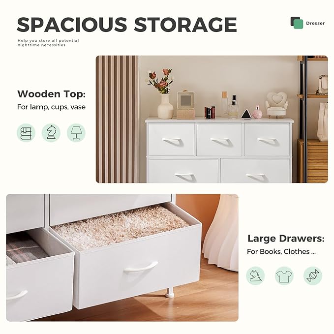 Dresser for Bedroom with 7 Drawers, Anti-Tip Wide Fabric Chests Storage Organizer Tower Furniture, TV Stand for TV up to 45 inch with Wooden Top Metal Frame for Clothes, Living Room, Hallway, Entryway