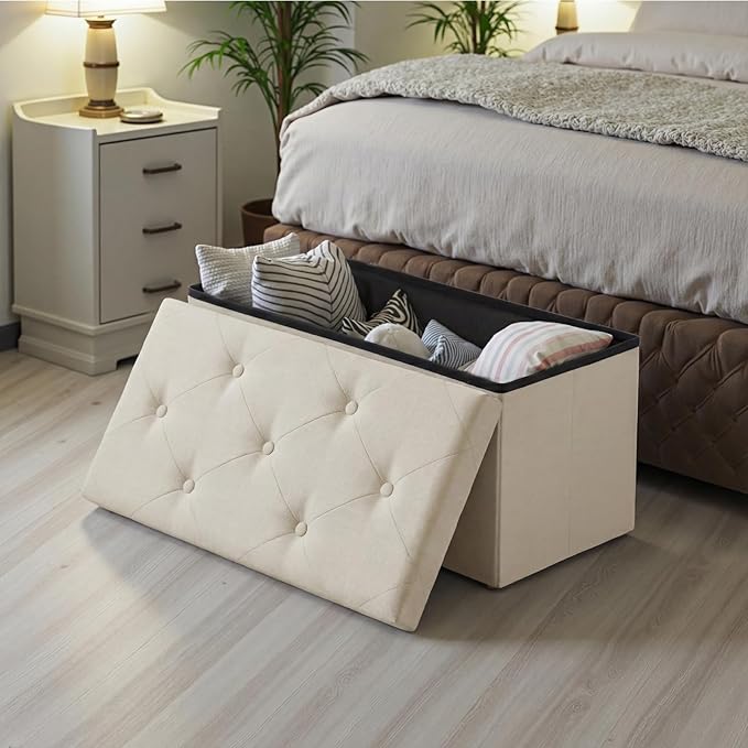 DUMOS 30in Foldable Storage Ottoman Bench, Foot Rest Stool Load 350Lbs,Storage Chest with Padded Seat, End of Bed Bedroom Bench for Living Room,Bedroom, Beige