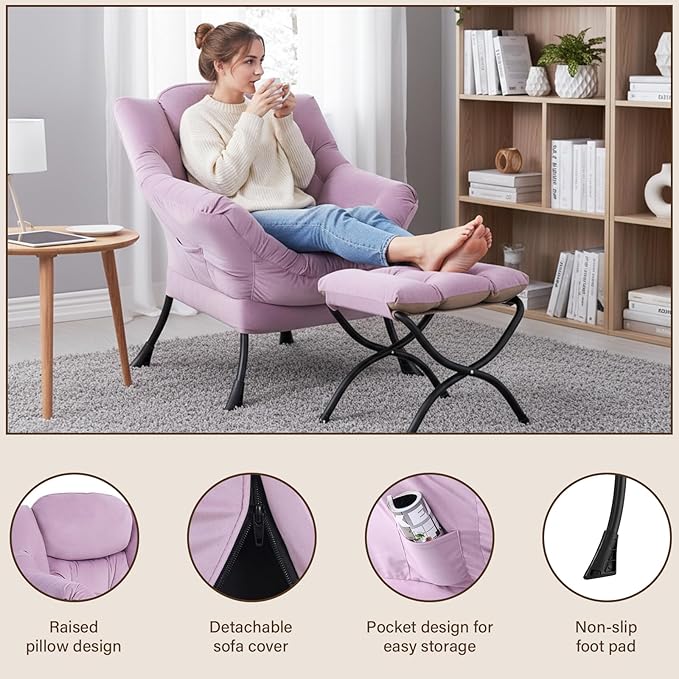 Welnow Lazy Chair with Ottoman, Modern Accent Chair with Armrests and a Side Pocket, Leisure Upholstered Sofa Armchair Set, Reading Armchair with Footrest for Small Space, Light Purple
