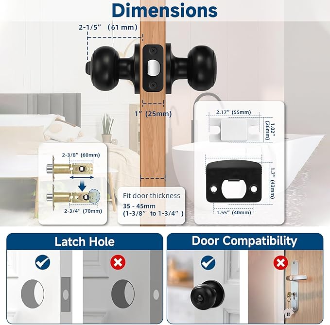Estmoon 10 Pack Privacy Door Knobs for Bedroom Bathroom, Matte Black Door Handle with Lock Round Ball Interior Knobs for Bedroom/Bathroom, Heavy Duty Handle for Left Right Sided Doors