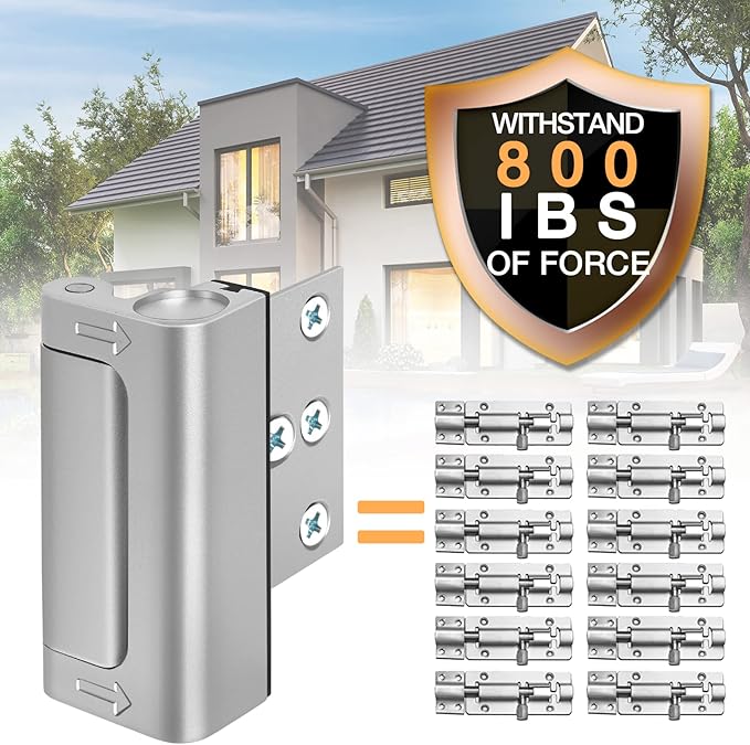 Home Security Door Reinforcement Lock - Safety Child Proof Door Locks with 8 Screws for Inward Swinging Front Doors, Extra Add a Top Lock Inside Withstands 800 lbs Deadbolt Latch, Guard Bedroom Patio