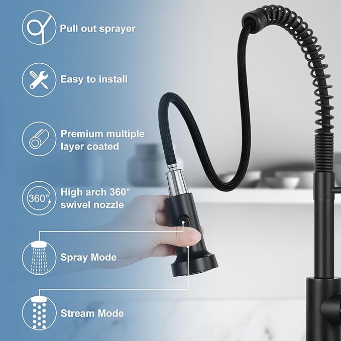 DJS Kitchen Faucets with Pull Down Sprayer Matte Black - Single Handle 1 or 3 Holes Spring Kitchen Sink Faucet with Deck Plate for Farmhouse RV Vessel Basin