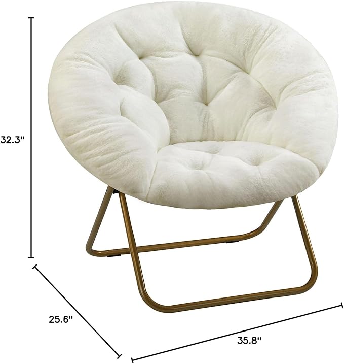 Sweetcrispy Cozy Saucer Chairs Faux Fur Living Room Reading Lounge Furniture Folding Comfy with Soft Thick Padded Seat Metal Frame Modern Style for Bedroom Home Adults, X-Large, White