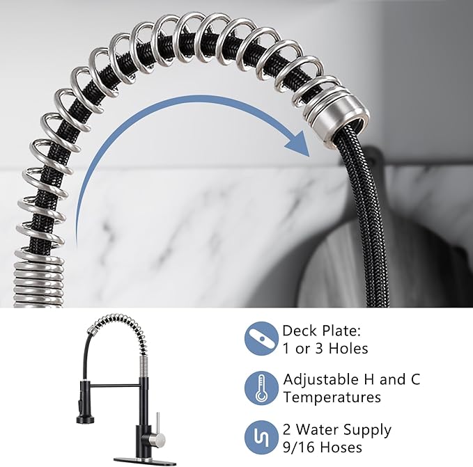 DJS Kitchen Faucets with Pull Down Sprayer Matte Black & Brushed Nickel High Arc Single Handle 1 or 3 Holes Spring Kitchen Sink Faucet with Deck Plate for Farmhouse RV Vessel Basin