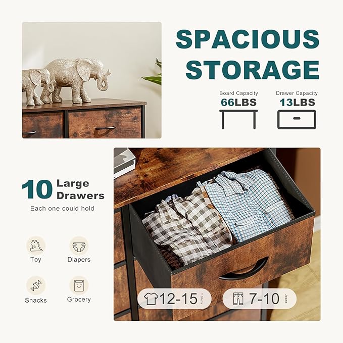 Dresser for Bedroom with 10 Drawers, Anti-Tip Tall Fabric Chests Storage Organizer Tower Furniture with Wooden Top Metal Frame for Clothes, Closet, Living Room, Hallway, Entryway