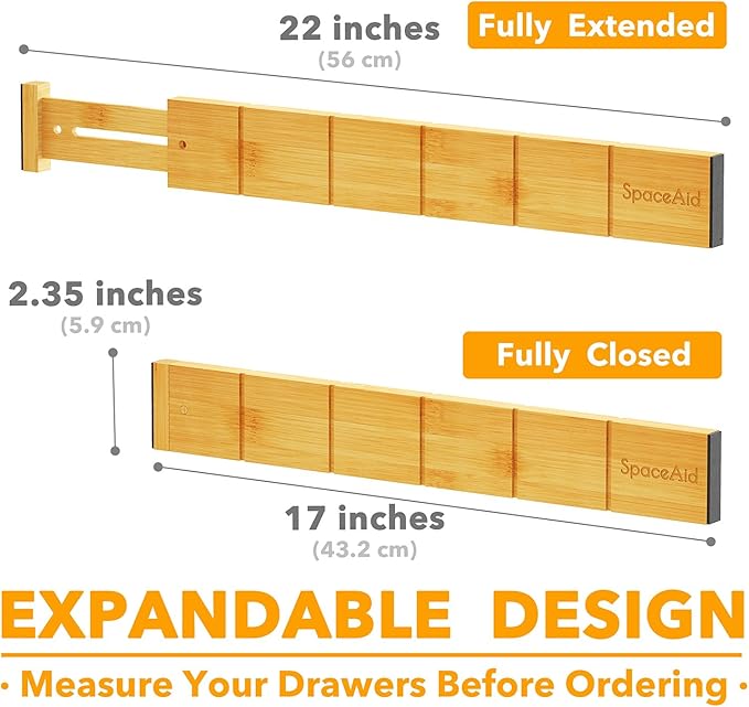SpaceAid Bamboo Drawer Dividers with Inserts and Labels, Kitchen Adjustable Drawer Organizers, Expandable Organization for Home, Office, Dressers, 10 Dividers with 24 Inserts (17"-22" Natural)