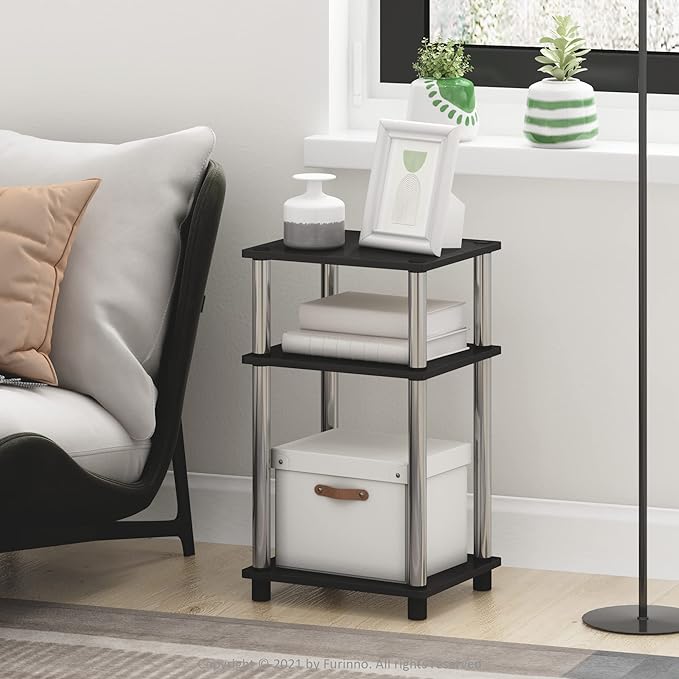 Furinno JUST Side Table Set of 2, 3-Tier Modern End Tables, Open Shelves Night Stand, Nightstand, Toolless Assembly, for Living Room, Bedroom, Americano/Stainless Steel