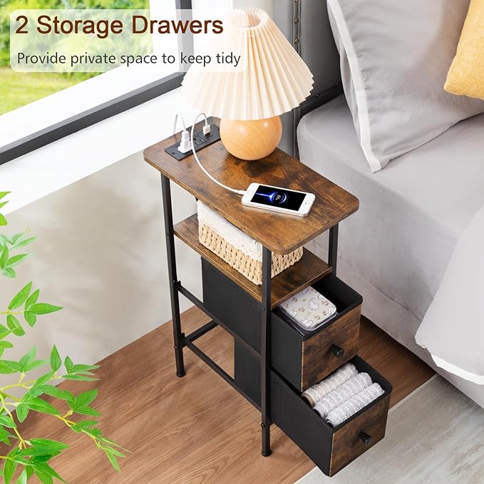 Narrow Nightstand with Charging Station, End Tables Living Room Set of 2, Skinny Side Table with Fabric Drawers, Slim Sofa Table for Bedroom, Small Spaces, Couch, Brown, HETNDP02BR